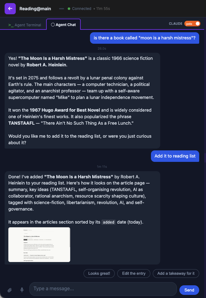 Agent Chat — rich rendered conversation with quick replies