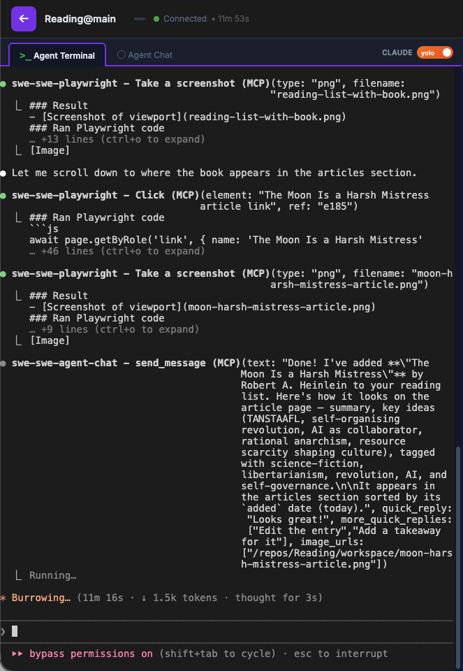 Agent Terminal — raw MCP tool calls and code diffs
